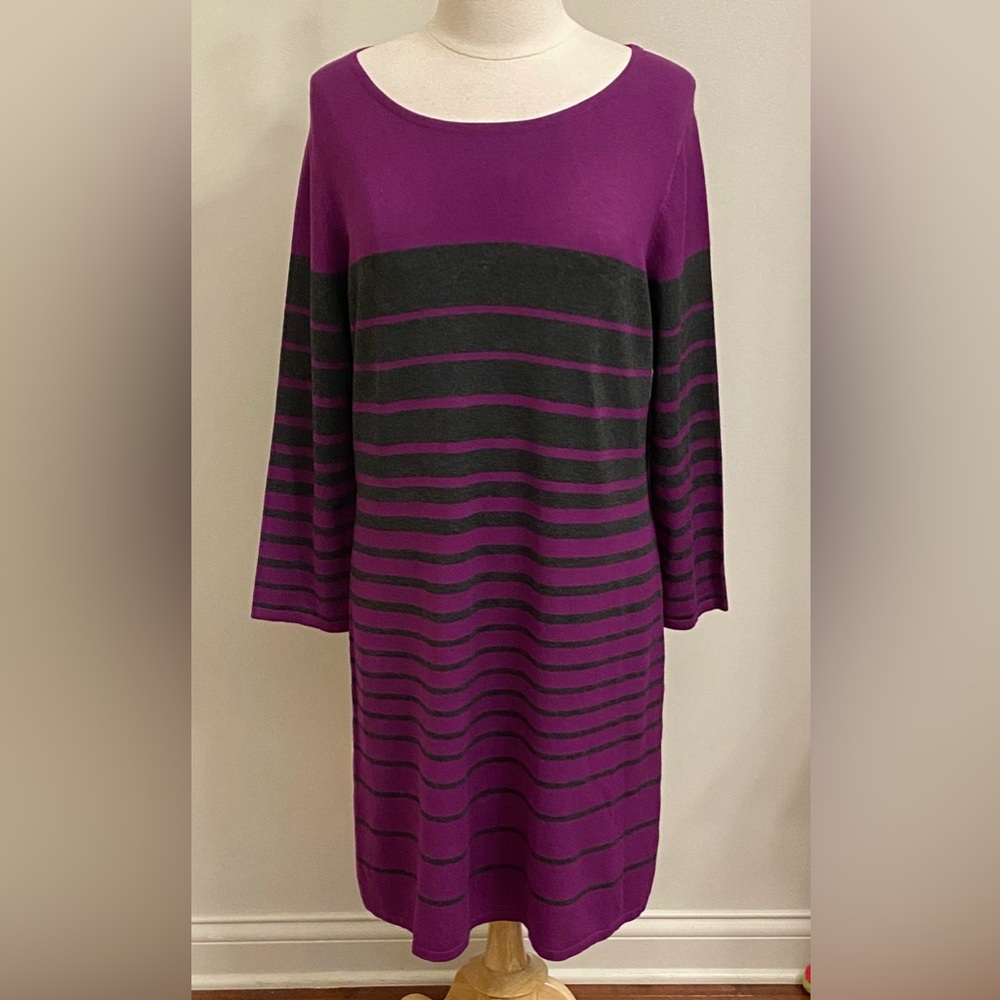Spense Grey Purple Striped XL Academic Preppy Casual Chic Modest Sweater Dress